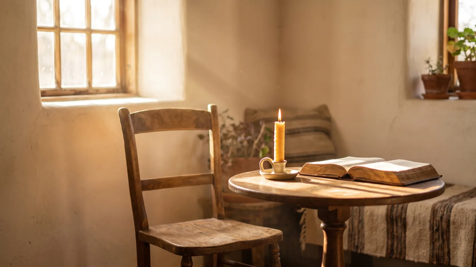 An empty wooden chair beside a lit candle and open Bible in a quiet sunlit corner