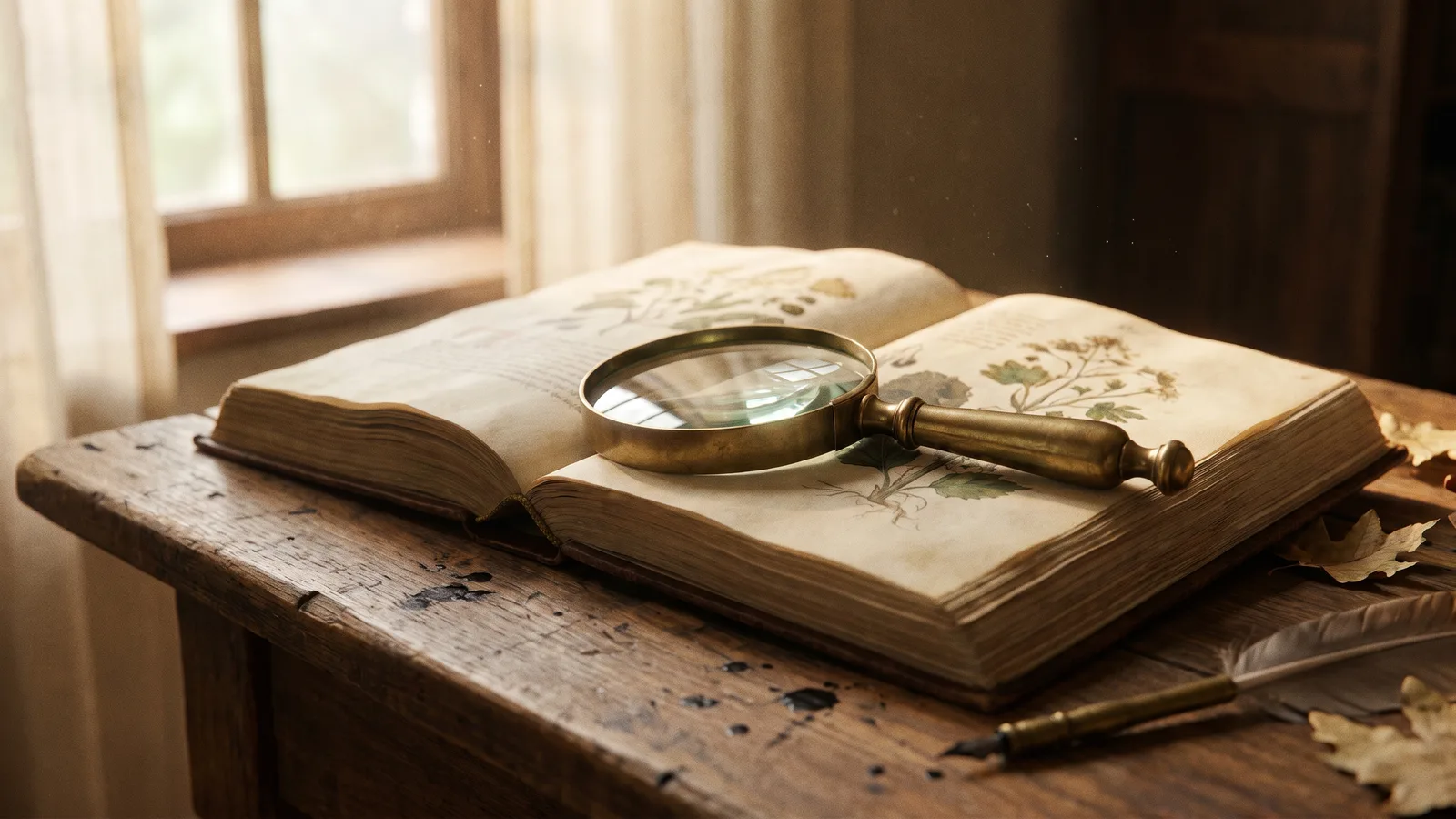 A brass magnifying glass resting on an open old manuscript on a wooden desk