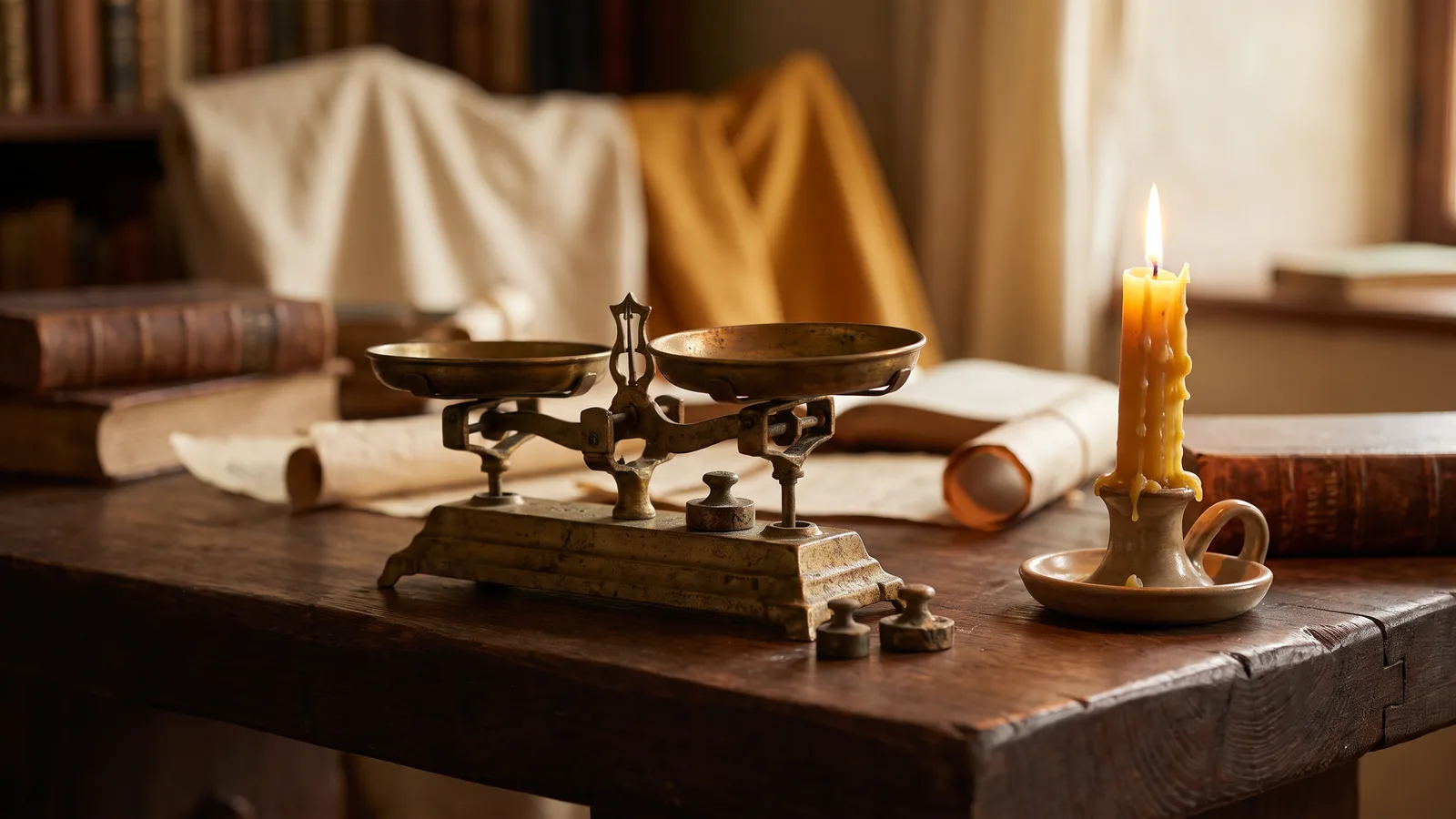 An old brass balance scale beside a lit candle on a wooden table