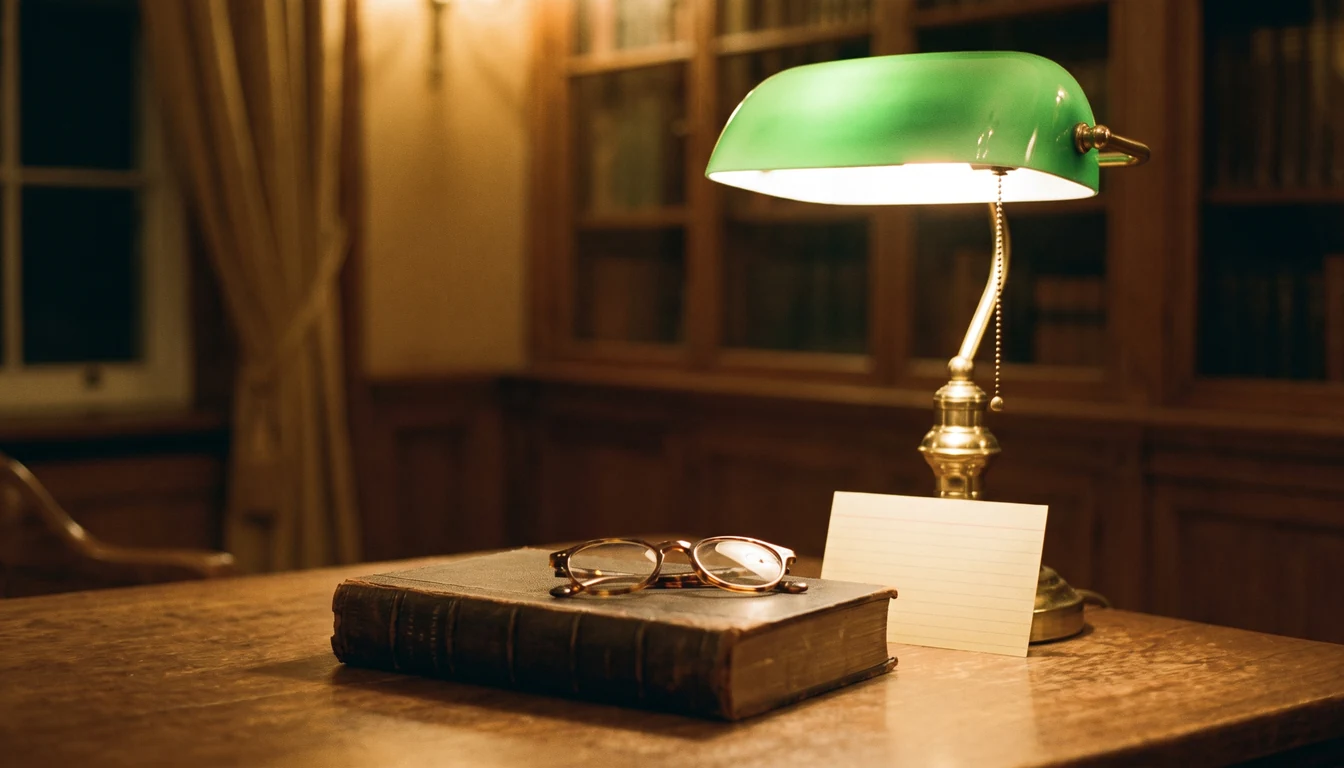 A green-shaded brass desk lamp lighting a closed reference volume with folded reading glasses resting on its cover