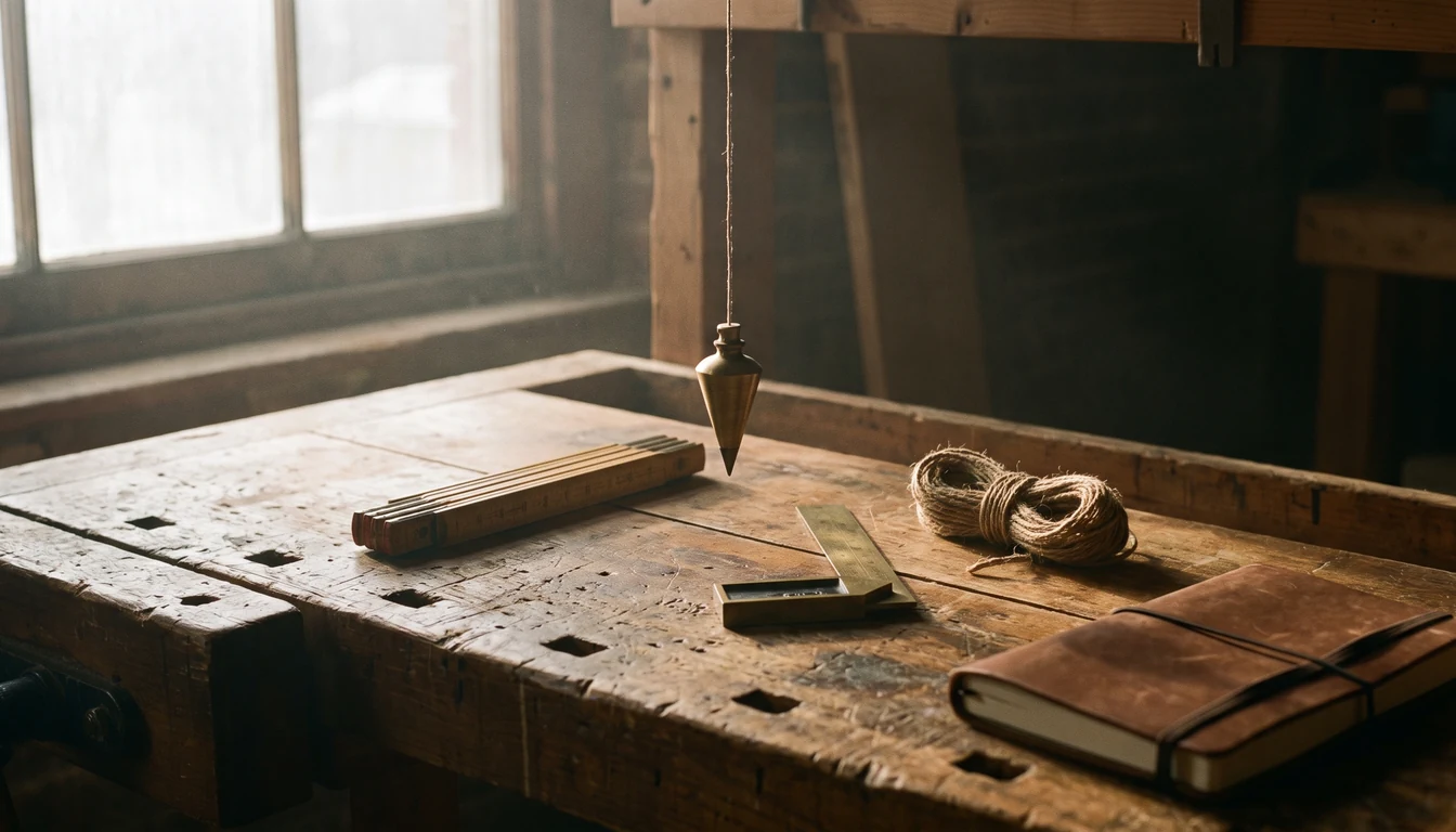 A craftsman's workbench with hand tools laid out in deliberate order — a closed folding rule, a plumb bob, a brass square and a coil of twine