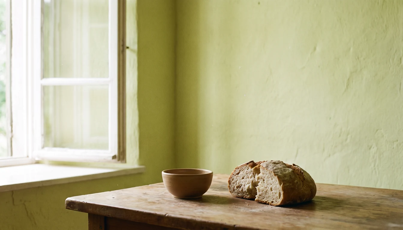 A torn round loaf and a shallow earthenware cup on a bare wooden table beside a wide open window