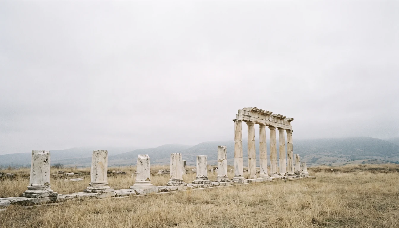 Weathered stone column bases and a broken colonnade in an open field of dry pale grass under a bright sky