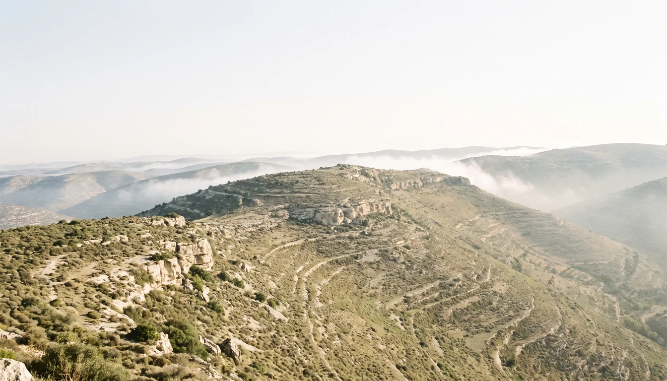 A long dry hill ridge in clear morning light, further ridges fading into bright silver haze