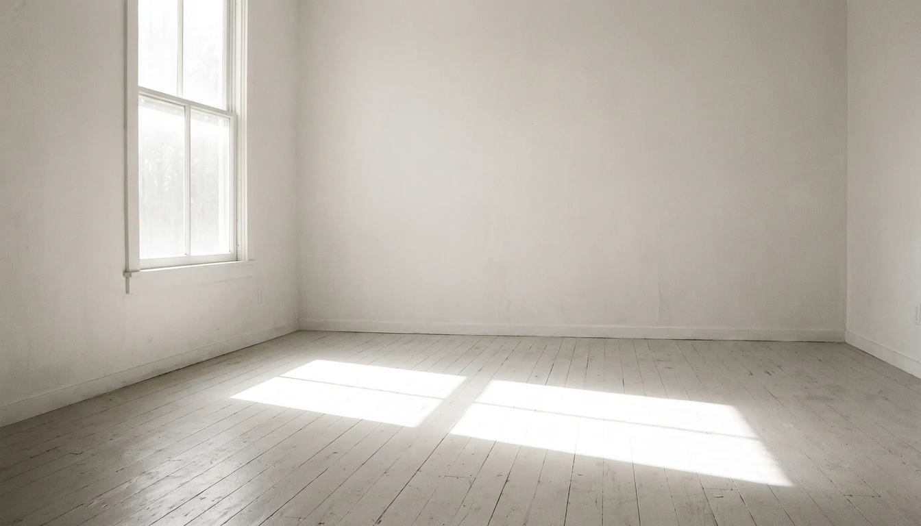 A tall plain window in a bare pale room, morning light laying a bright rectangle across an empty floor