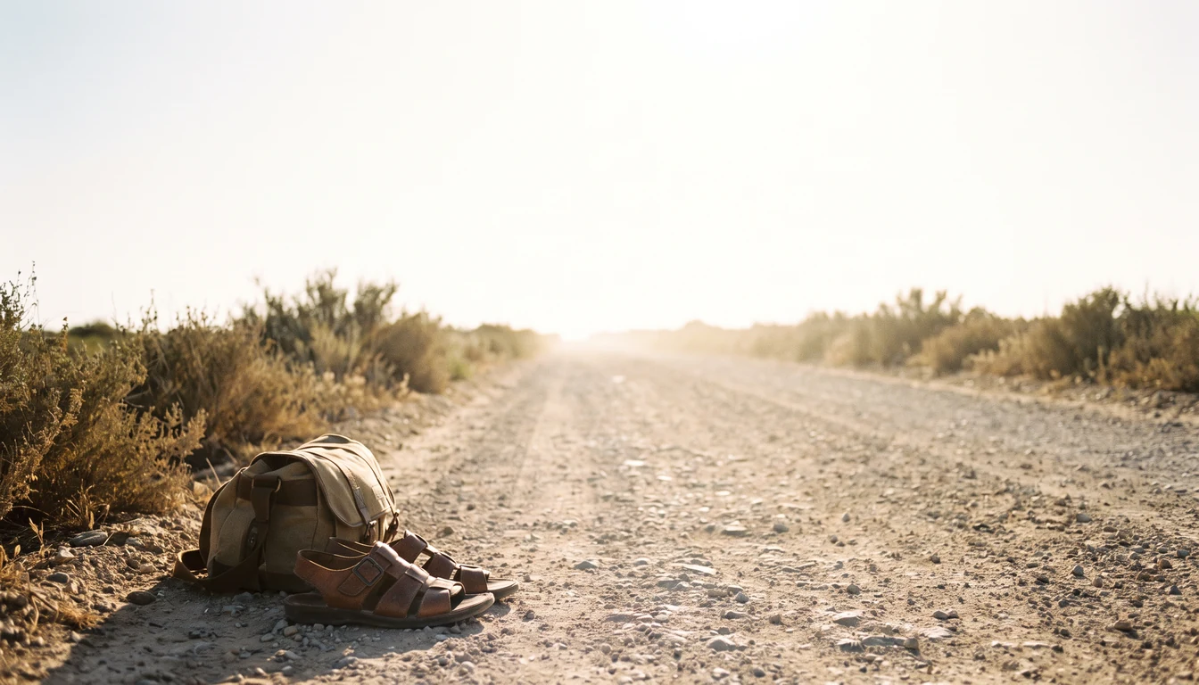 A pair of worn leather sandals and a travelling satchel at the edge of an empty dry stone road