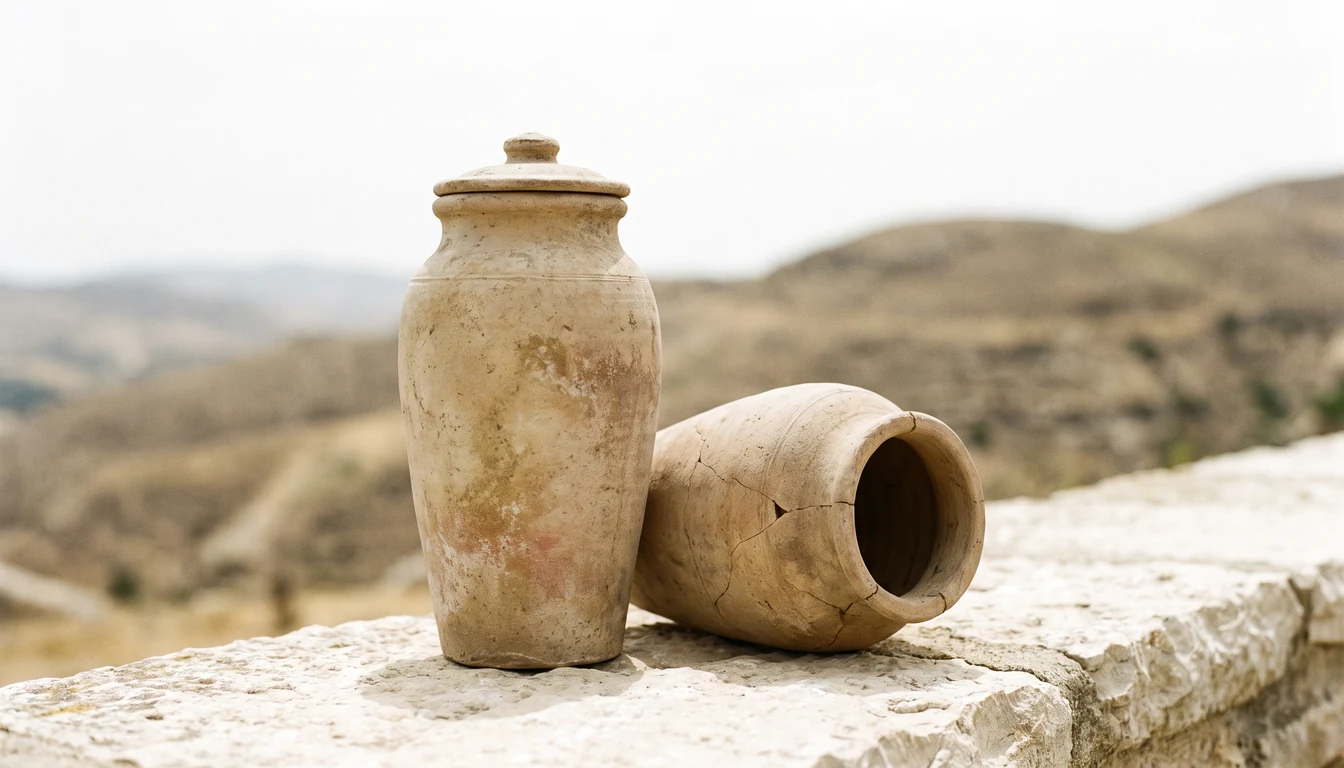A sealed clay scroll jar on a bright stone ledge outdoors, a second empty jar lying beside it