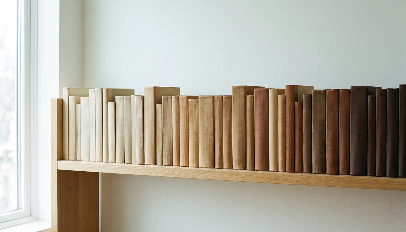 A long plain wooden shelf of closed unlettered books seen straight on in broad daylight
