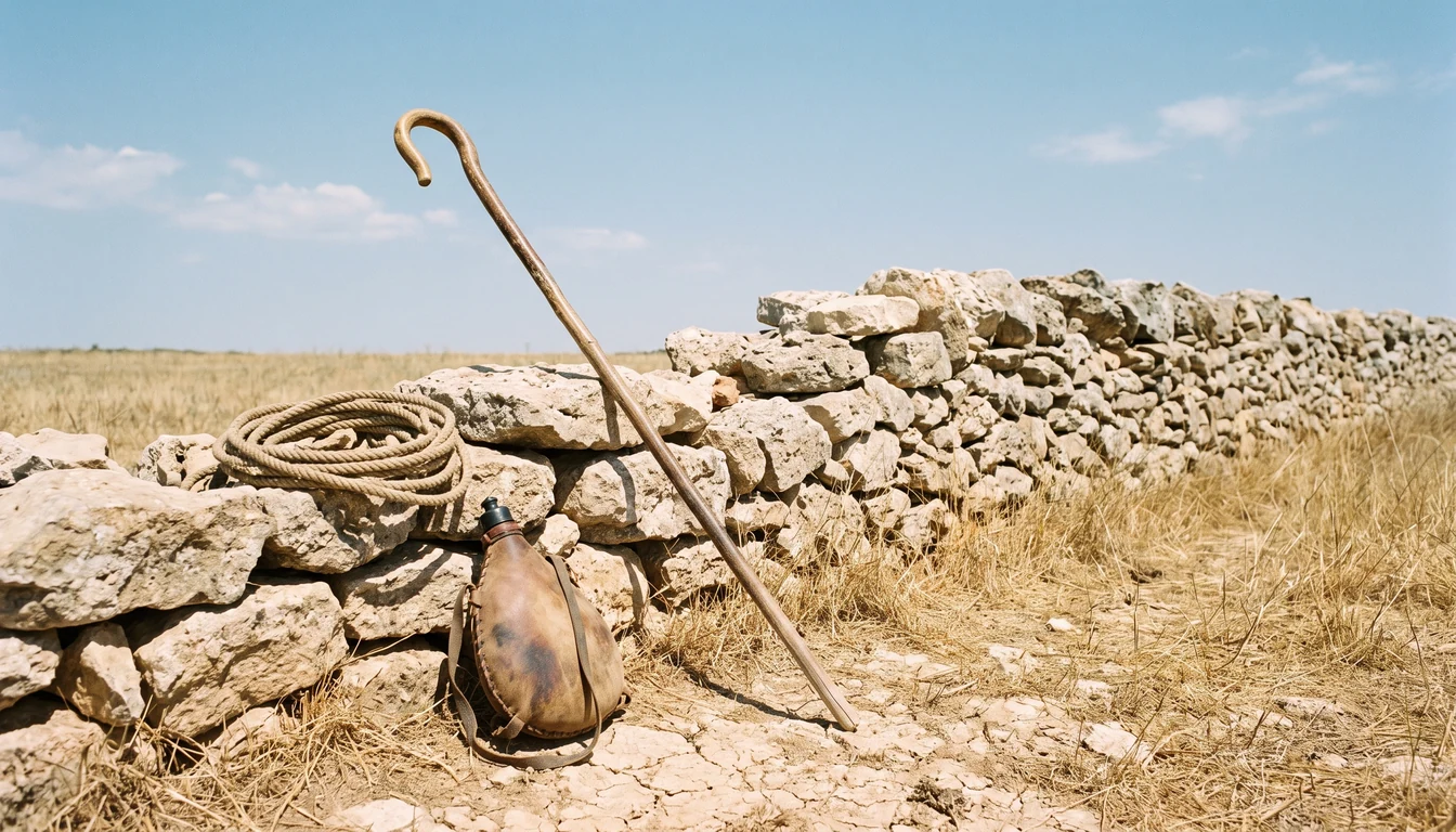 A worn wooden shepherd's staff leaning against a low dry-stone wall in open midday light