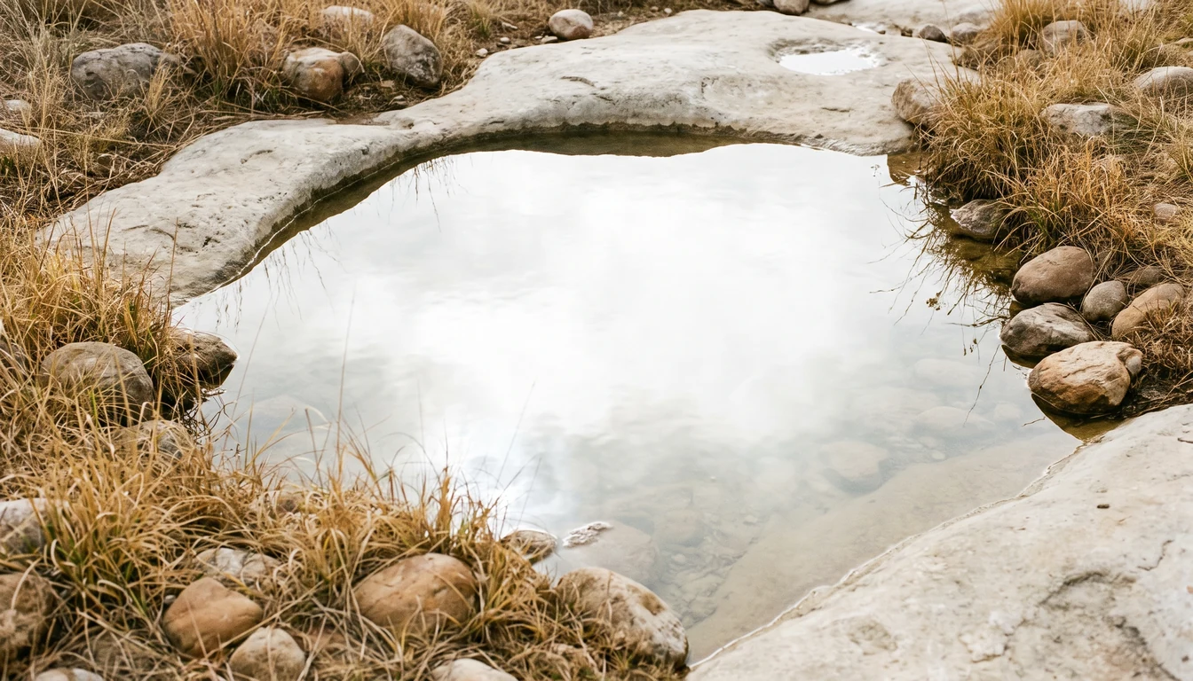 A small still pool of clear water held in pale stone, its surface unbroken and reflecting a bright sky