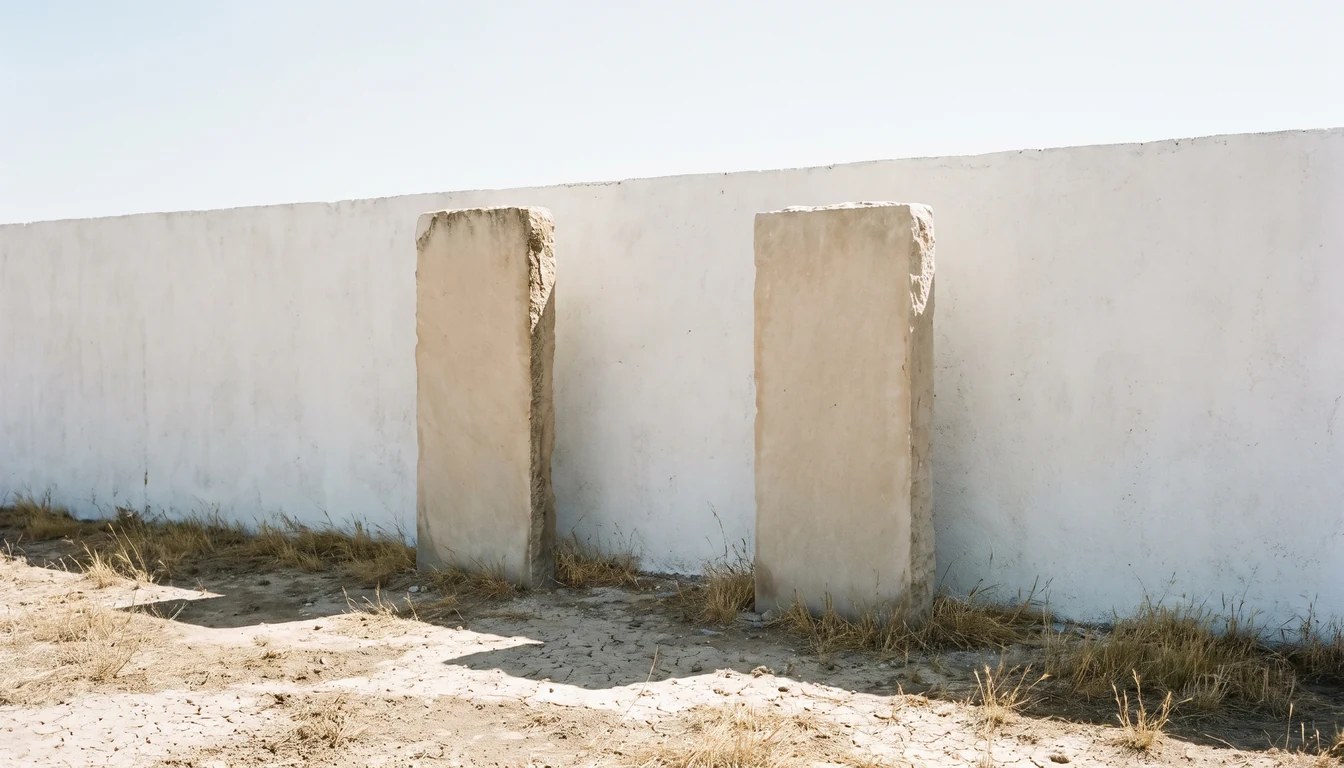 Two plain stone slabs with completely blank faces standing against a bright whitewashed wall outdoors