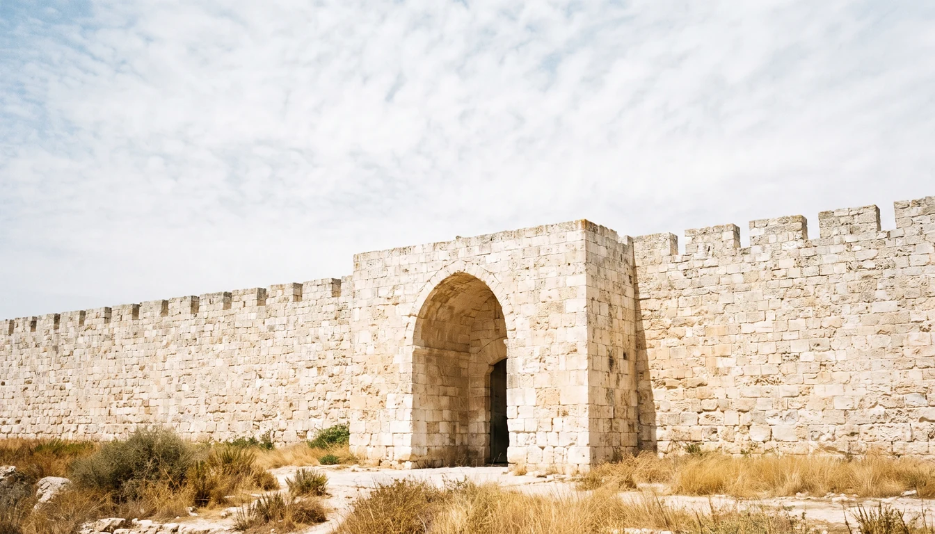 A pale limestone city wall meeting a deep arched gateway in bright midday sun, dry grass at its foot