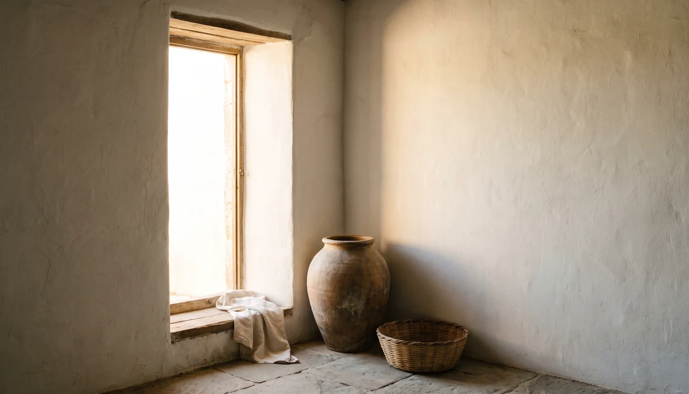 A large clay water jar just inside a bright open doorway with folded woven cloth on the sill