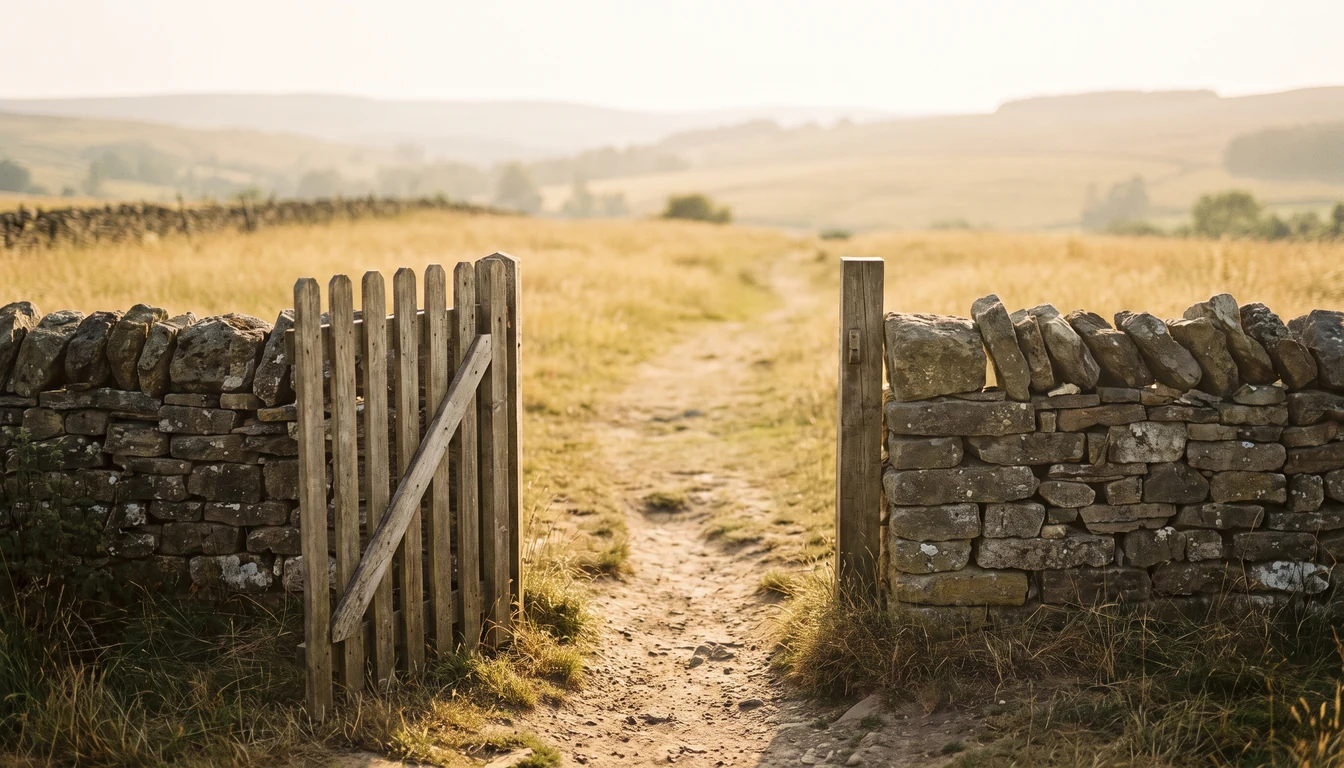 A simple wooden gate standing open in a low dry-stone wall, a worn footpath leading through into bright open ground