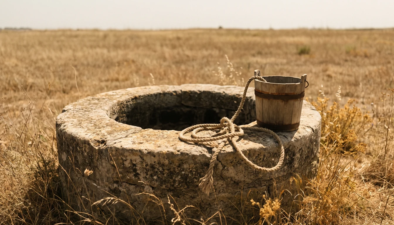 An old stone well-head with a worn rope and a plain wooden bucket resting on its rim in open daylight