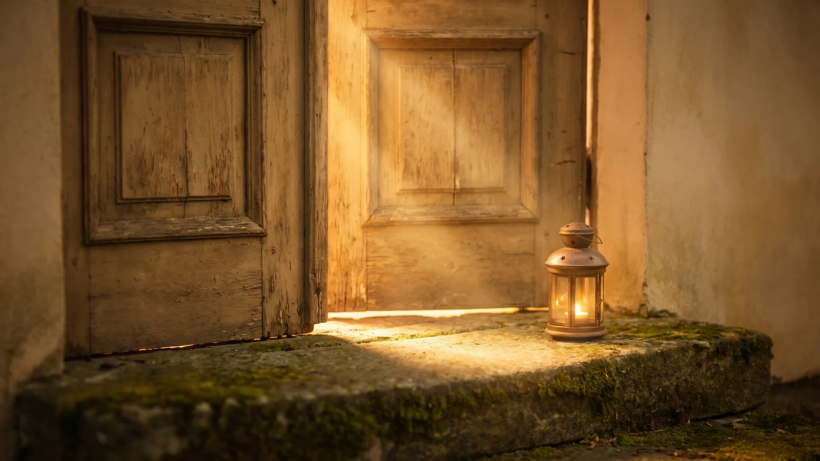 A wooden door slightly ajar with warm light spilling through onto a stone doorstep