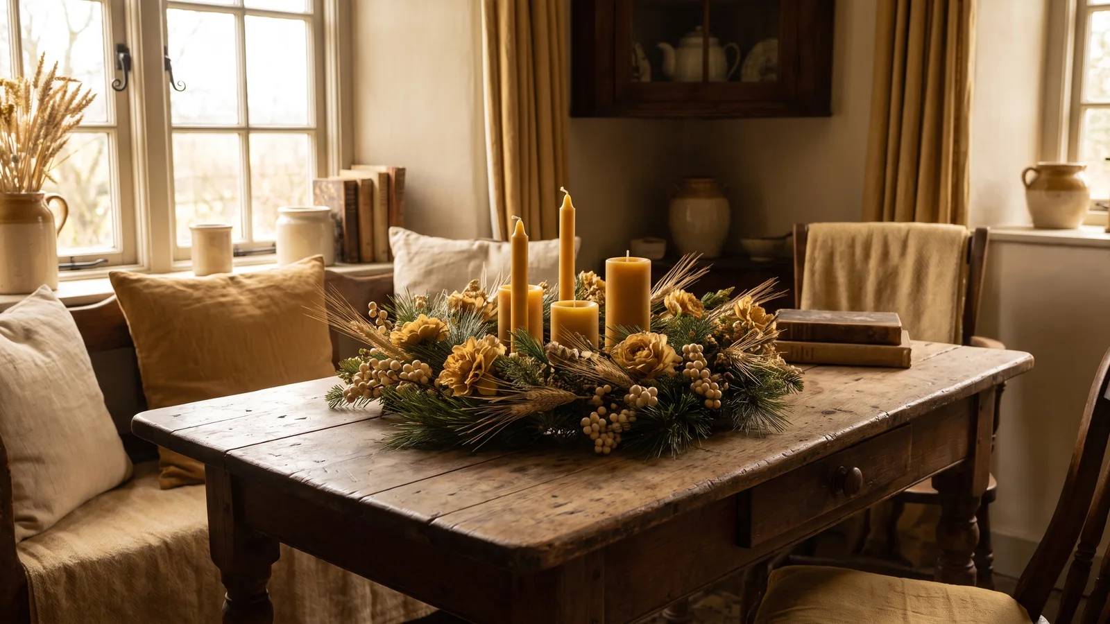 A wreath of four candles surrounded by evergreen, wheat, and blossoms on a wooden table