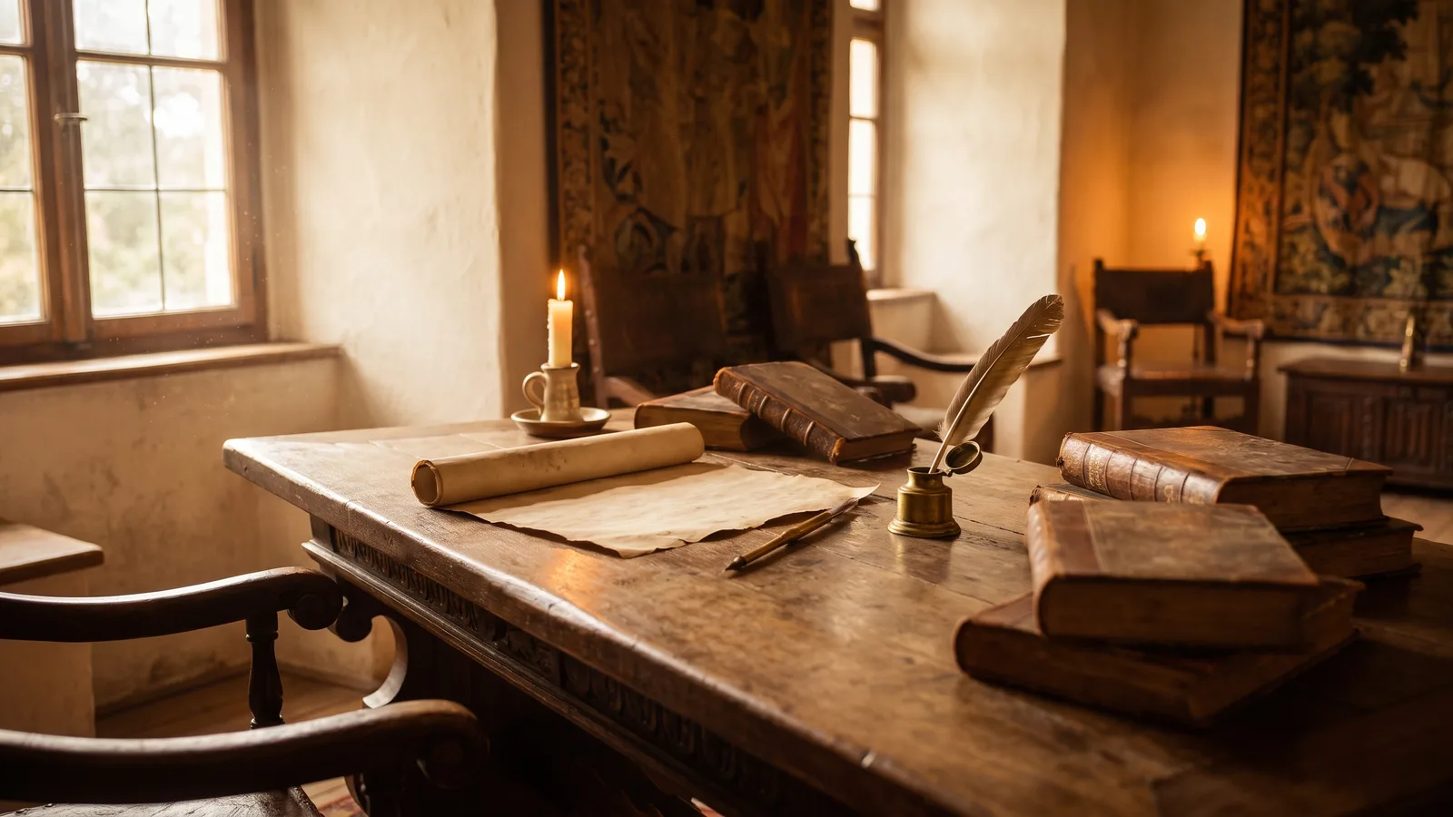 An old wooden teaching table with a scroll, quill, and stacks of leather-bound books