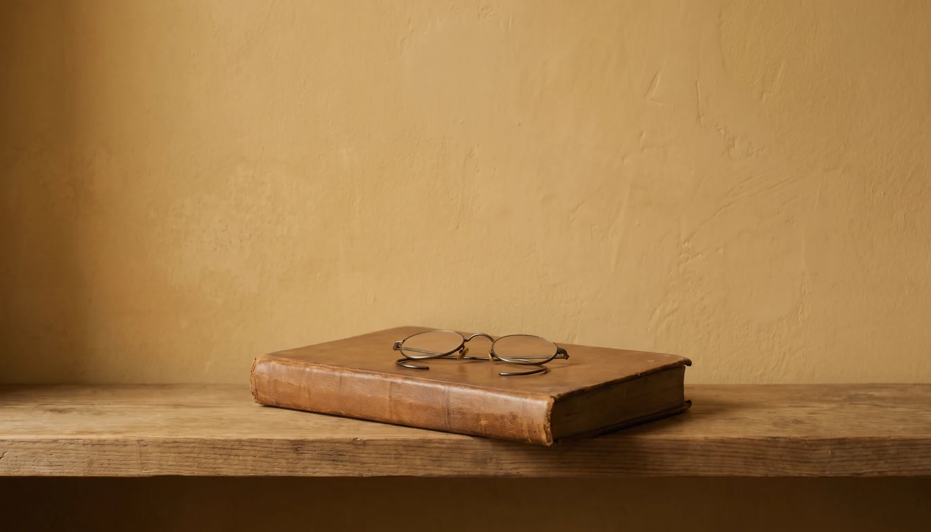 A single closed cloth-bound ledger lying flat on a plain wooden shelf beside a folded pair of reading glasses