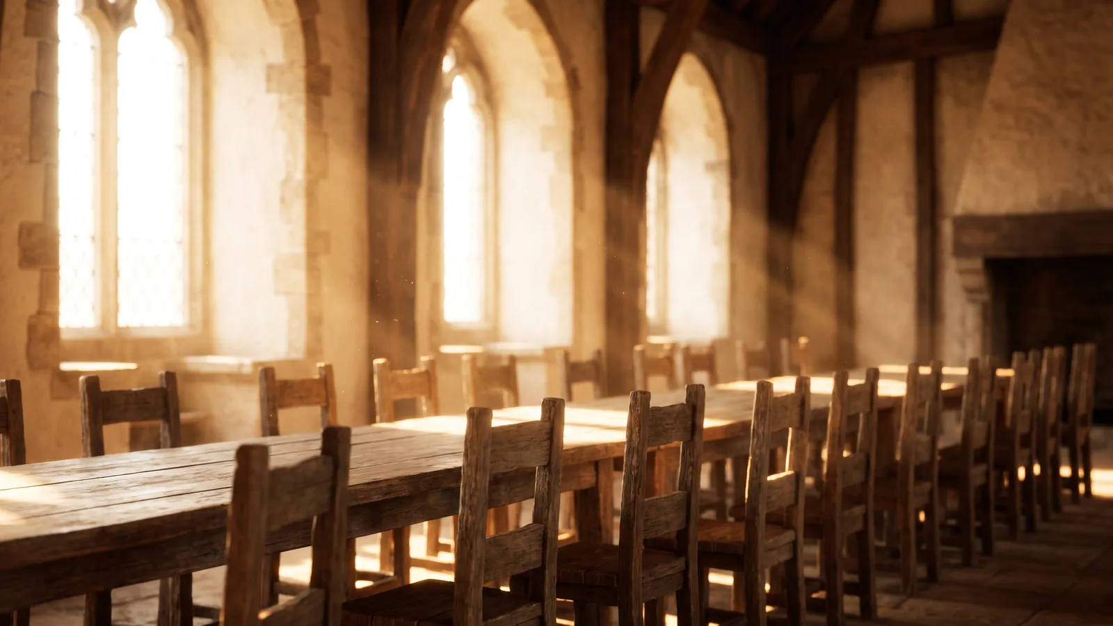 A long wooden table set with many empty chairs in a warm sunlit hall