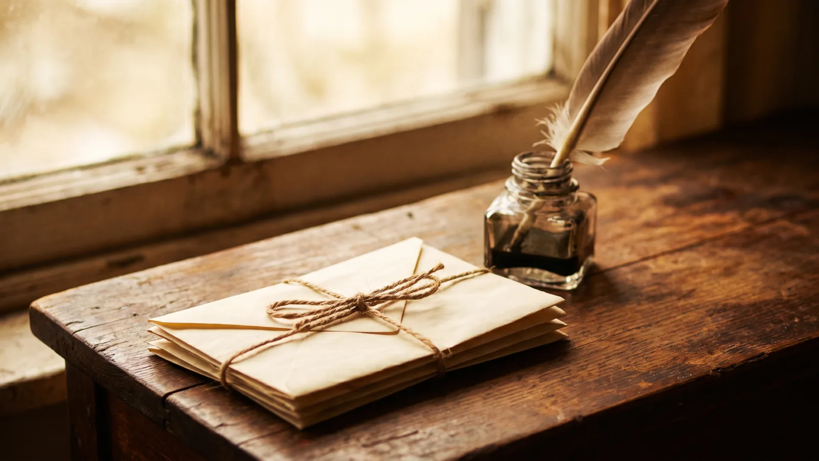 A small stack of handwritten letters tied with twine beside an inkwell and quill