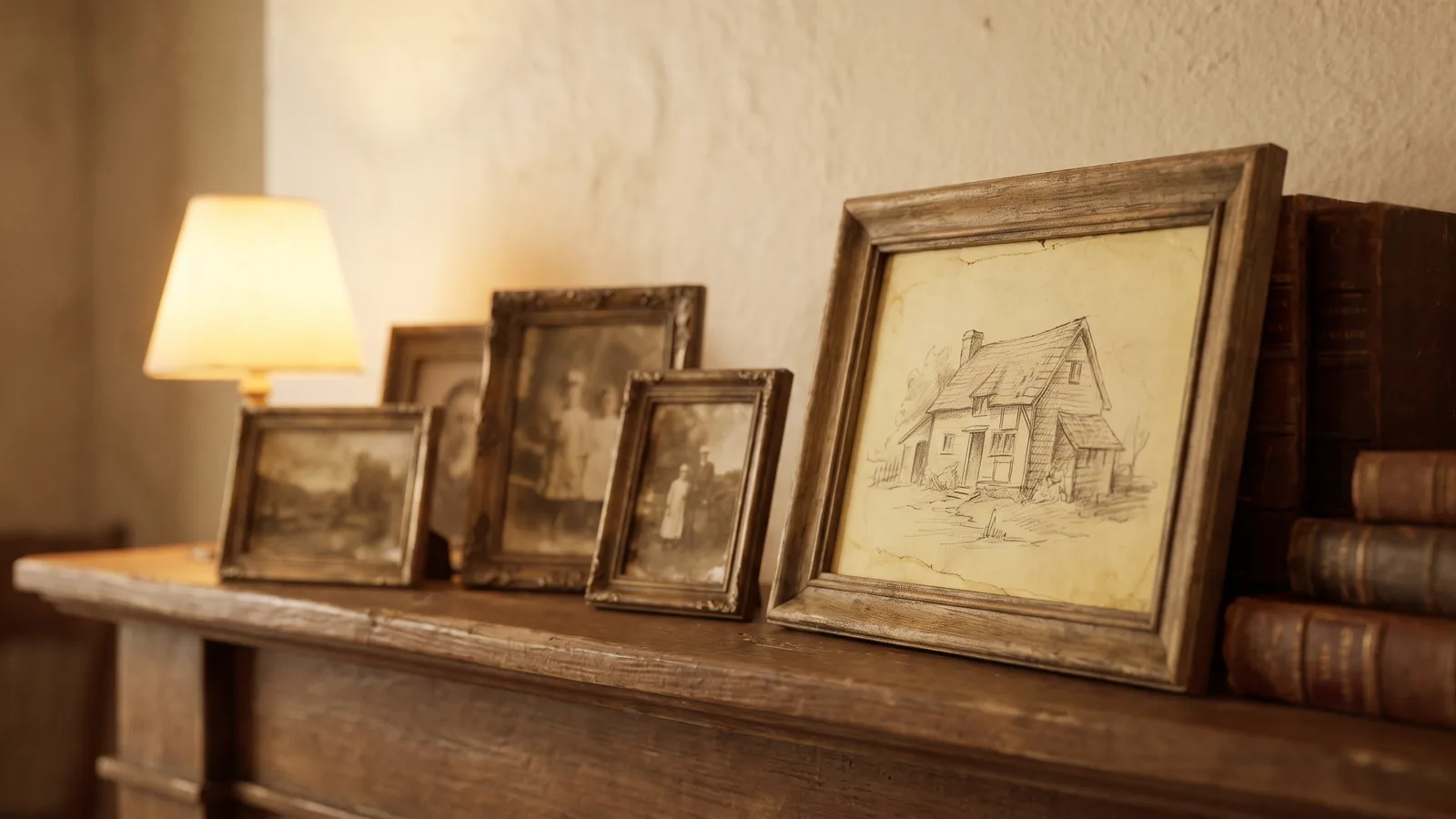 Antique framed photographs and an old sketch of a house resting on a wooden shelf
