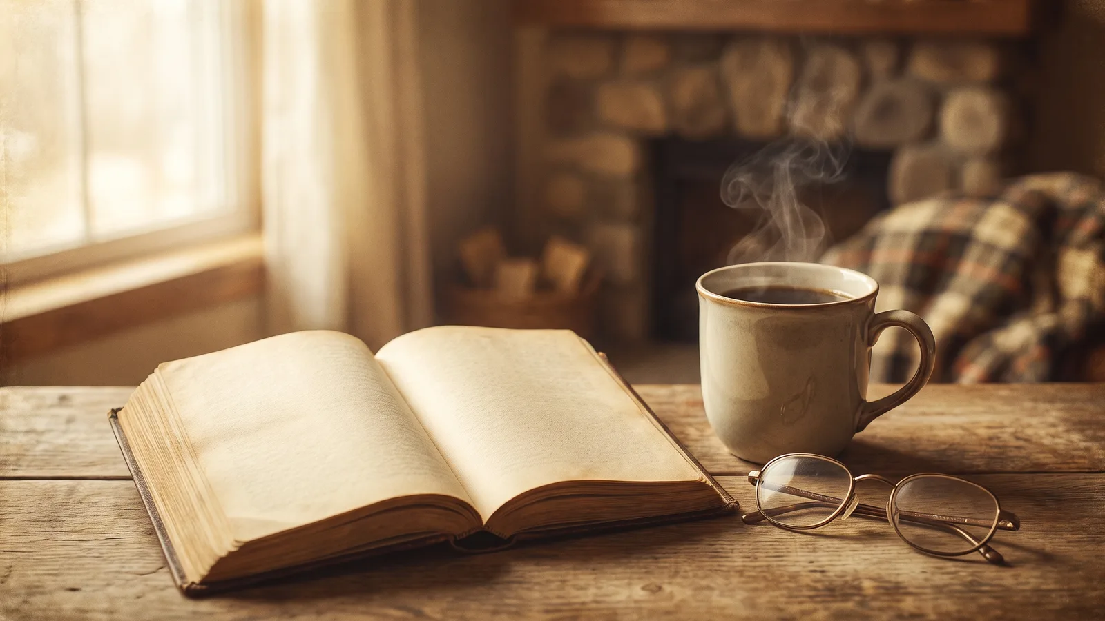 A small devotional booklet open on a wooden table beside coffee and reading glasses