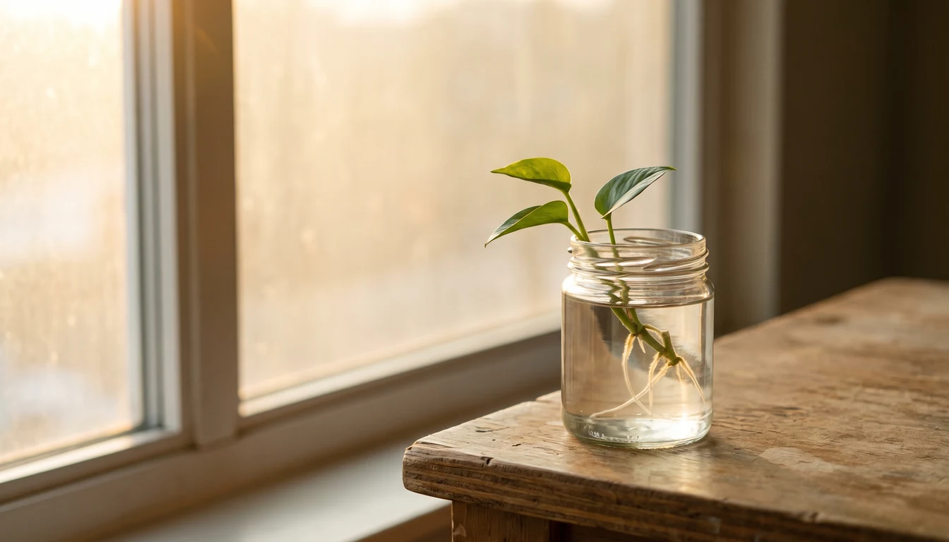 A green plant cutting rooting in a clear glass jar of water on a plain wooden surface, two new leaves just opened