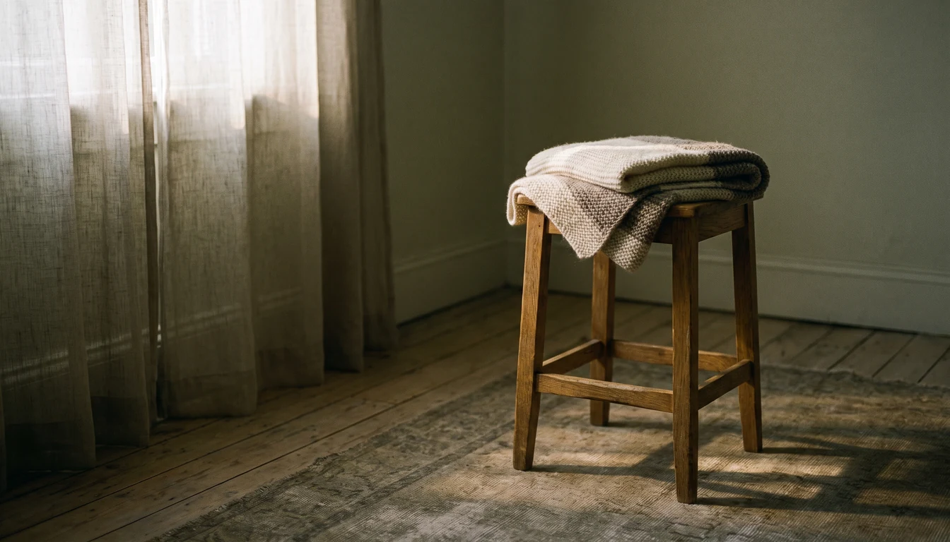 A knitted shawl folded over a low wooden stool in a dim room, last pale light through a half-drawn curtain