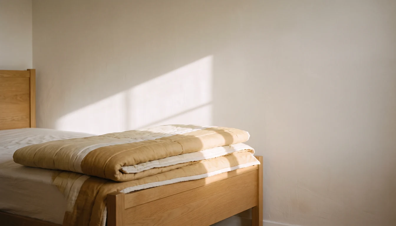 The foot of a plainly made bed with a folded quilt, early sunlight falling in a long band across the folds