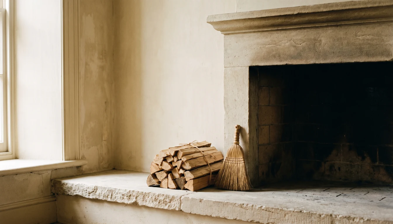 A clean-swept stone hearth with a neat stack of unlit split kindling and a short-handled brush leaning beside it