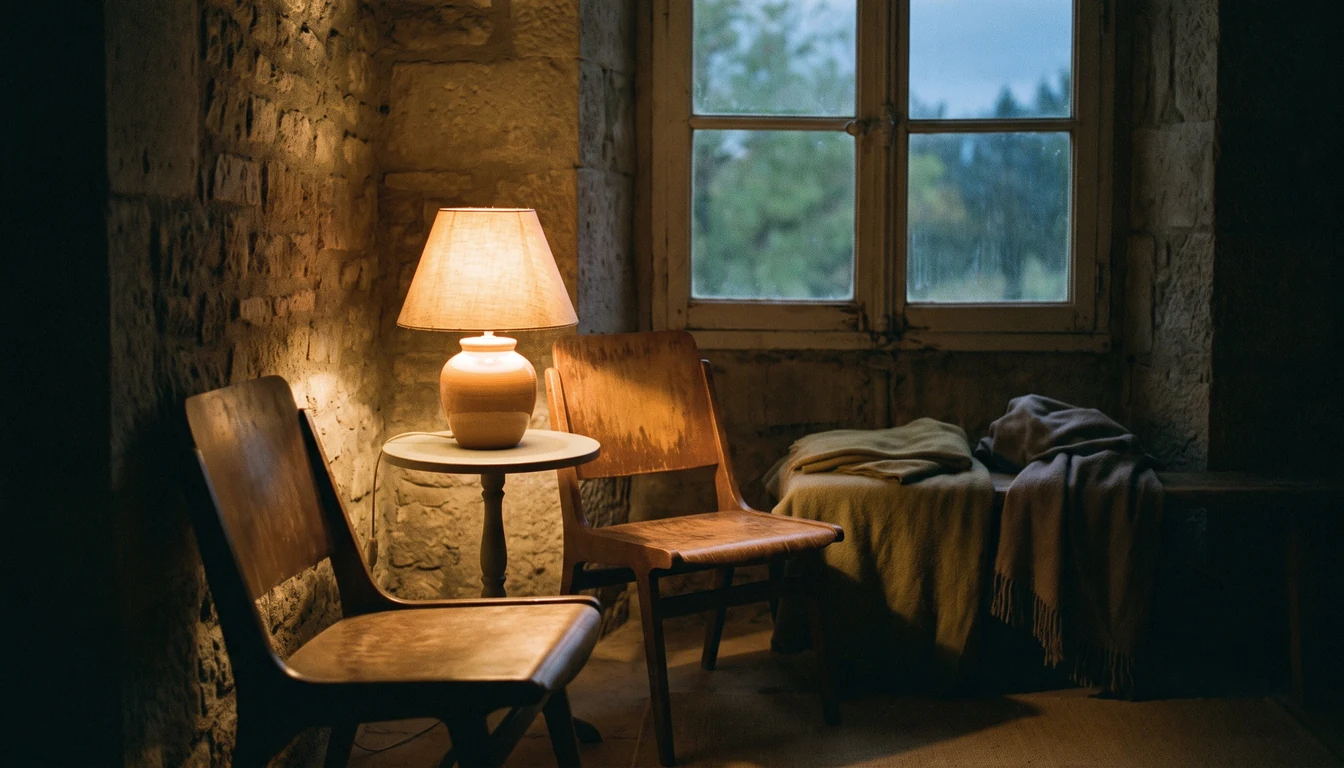 Two plain wooden chairs turned toward each other beside a window with one lit table lamp between them, the room otherwise dim