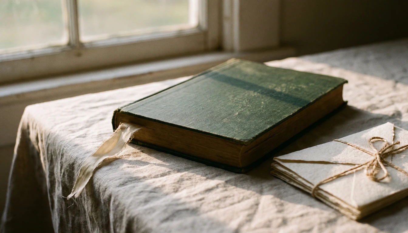 A closed cloth-bound ledger on a linen cloth, a faded silk ribbon marker falling across the cover beside unmarked envelopes