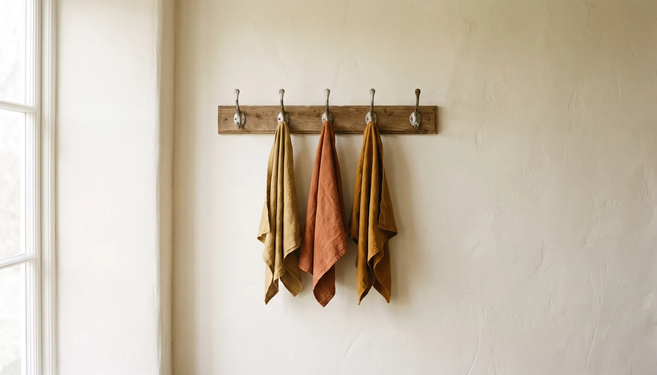 A plain wooden rail of five worn coat hooks on a pale wall, three holding folded cloths, two empty