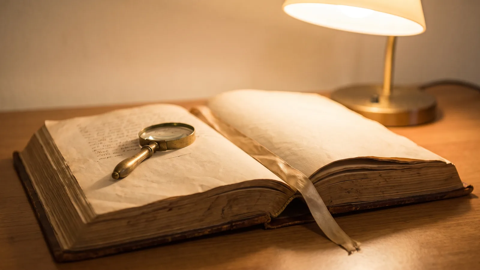 An open old Bible with a ribbon bookmark and a small brass magnifying glass