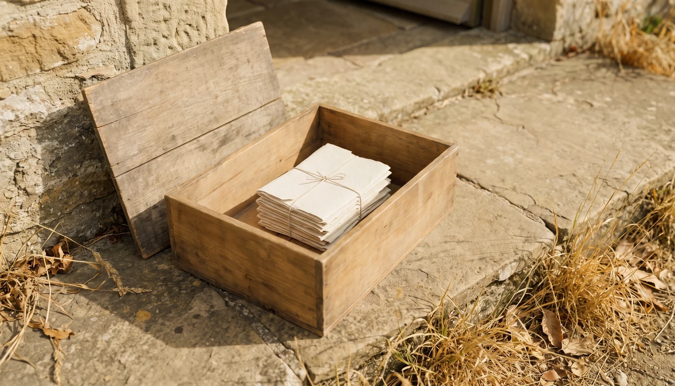A plain open wooden box on a stone doorstep in bright daylight holding a stack of folded blank sheets