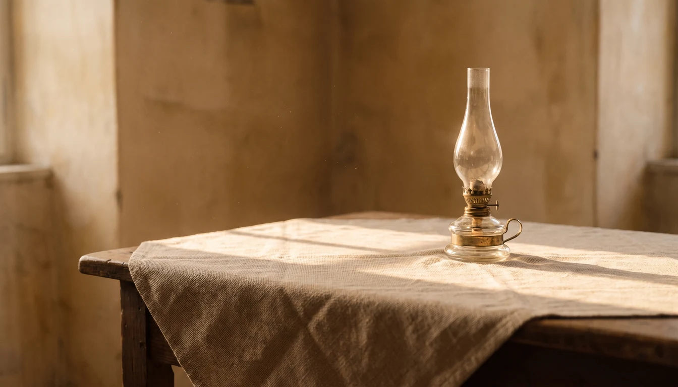 A small side table with a plain lit lamp, a folded cloth and one closed book, a single empty chair at the frame edge