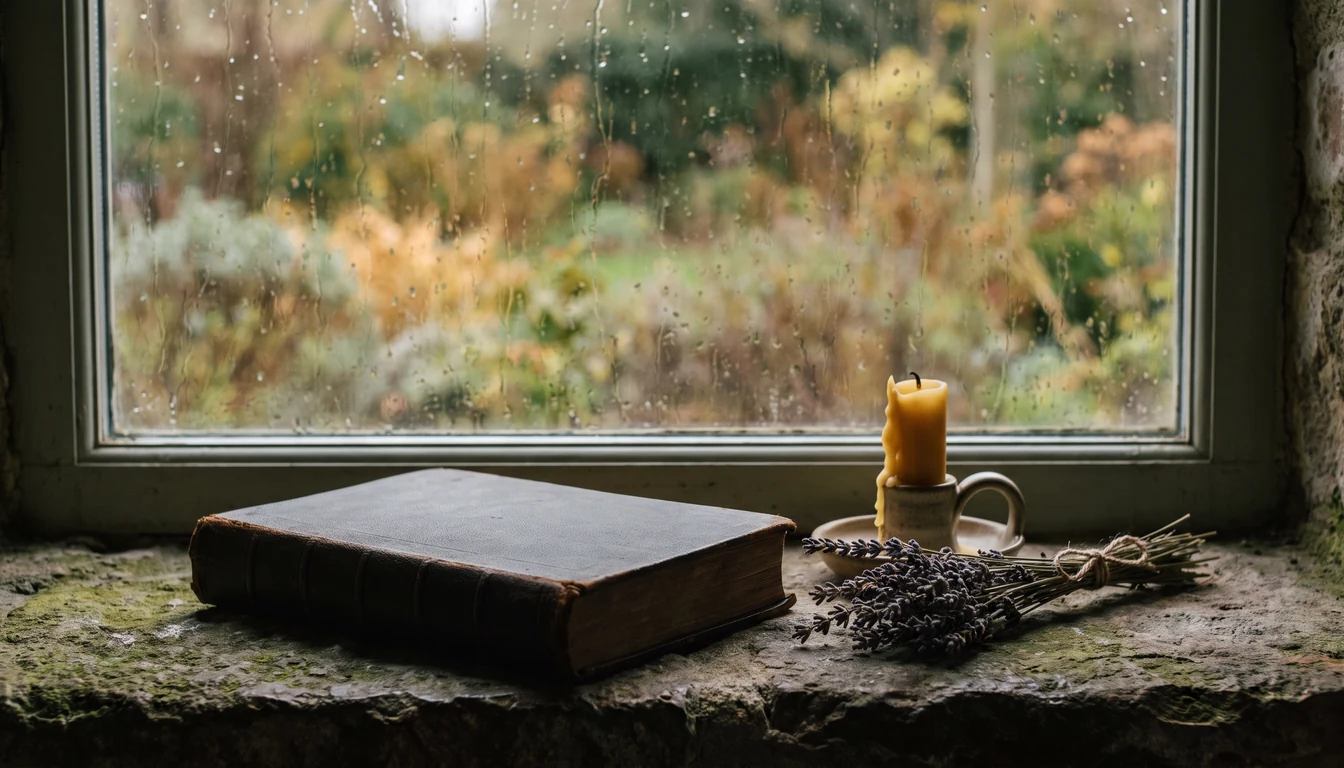 A closed hymnal lying on a deep stone windowsill beside an unlit beeswax candle and a sprig of dried lavender, rain-softened light beyond