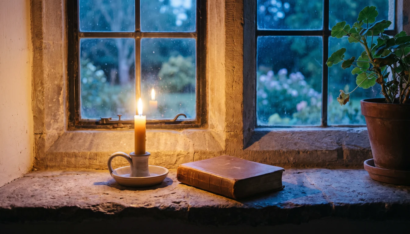 A single lit beeswax candle on a deep stone windowsill at night, a closed hymnal at the edge of the light, dark glass beyond