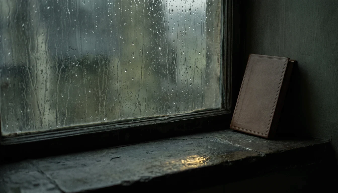 Heavy rain running down an old window pane, the stone sill inside dim and bare but for a closed hymnal pushed back from the wet edge