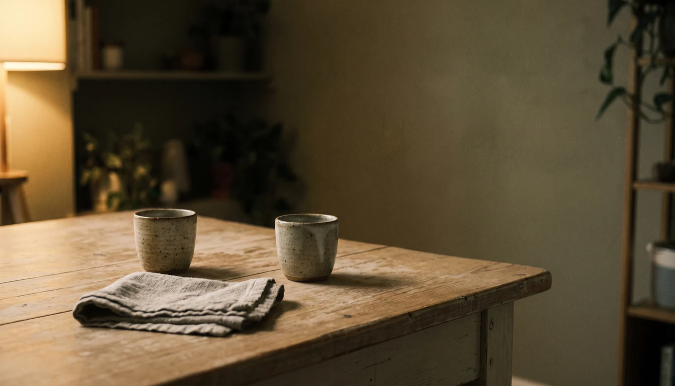 The corner of a small plain wooden table with two empty stoneware cups and a folded linen cloth, warm low lamplight, nobody present