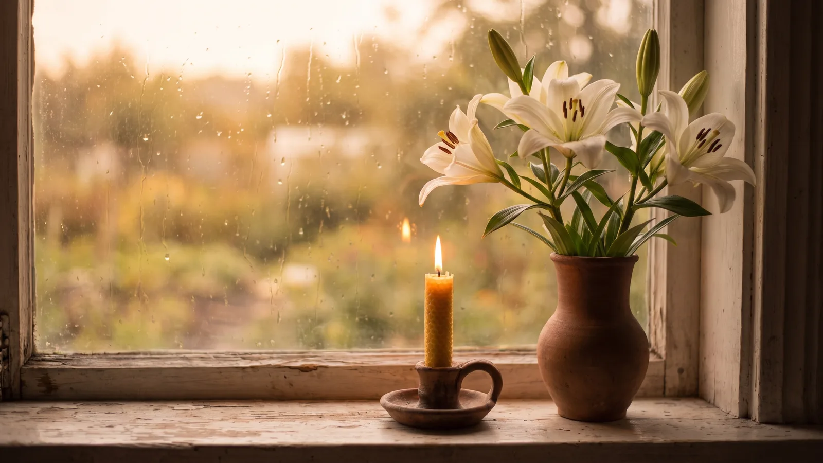 A lit candle beside a small vase of white lilies on a quiet windowsill