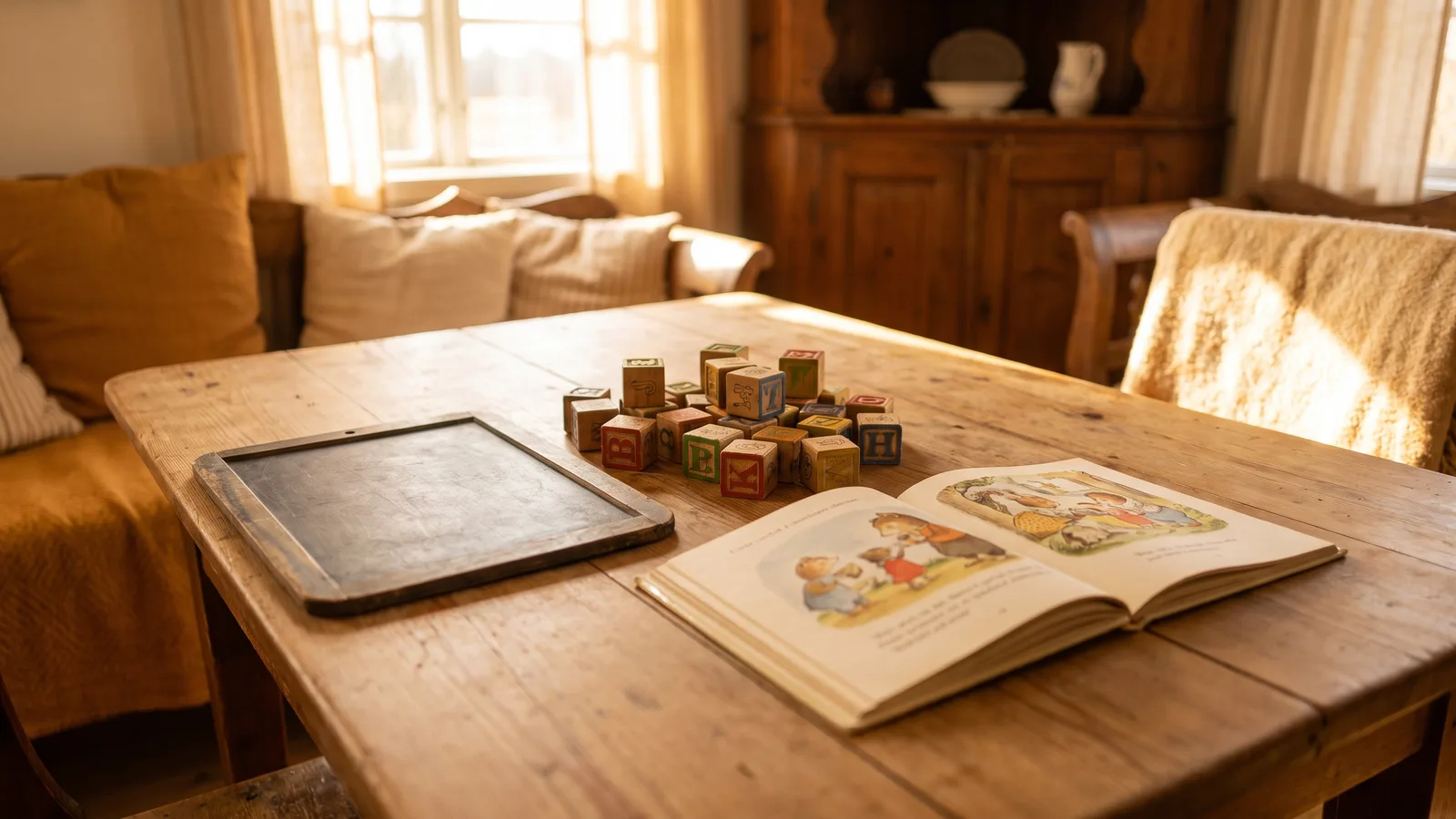 A wooden table with a small chalkboard slate, alphabet blocks, and an open picture book