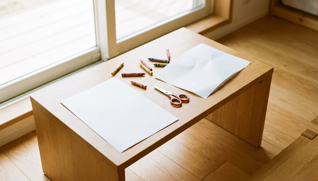 A child's low table in bright daylight with coloured wax crayons, blunt-nosed scissors and two blank sheets of paper