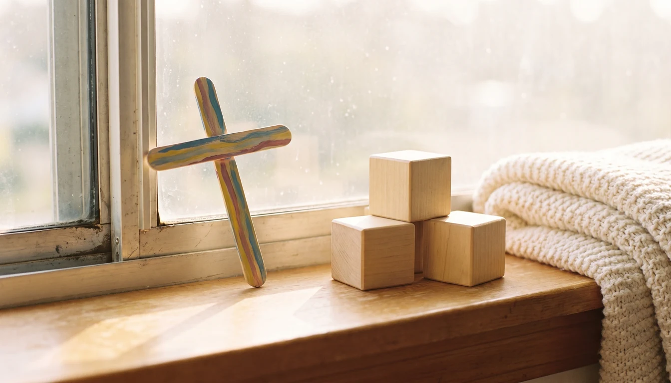 A small cross made of two painted lolly sticks leaning against a sunlit window, three plain wooden blocks and a folded blanket beside it