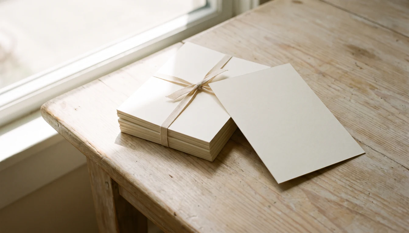 A small neat stack of blank cream card-stock cards tied with a thin ribbon on a plain pale wooden table