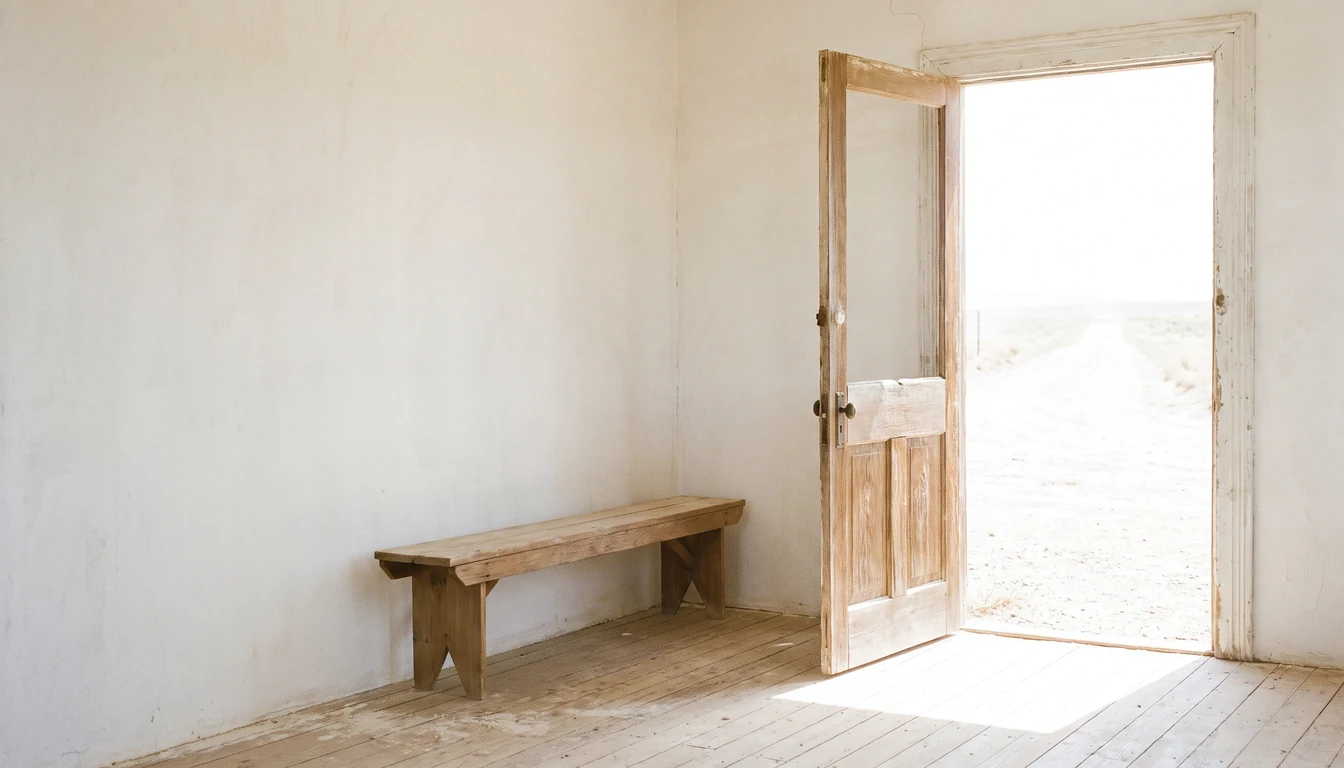 A plain wooden door standing wide open onto a bright dusty road, daylight flooding the threshold