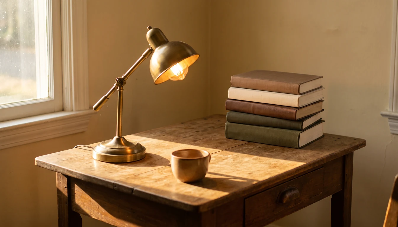 A worn wooden desk in late afternoon lit by one warm desk lamp, a short stack of closed books and an empty cup