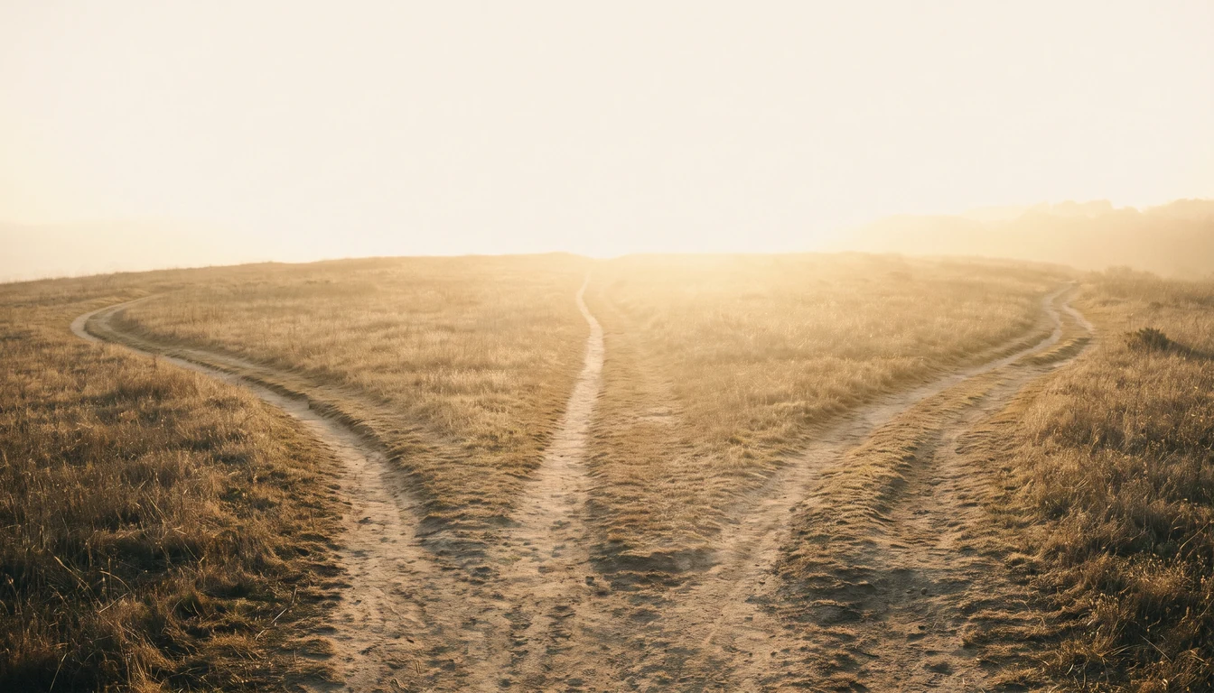 Three worn footpaths diverging through pale dry grass on an open hillside under a wide bright sky