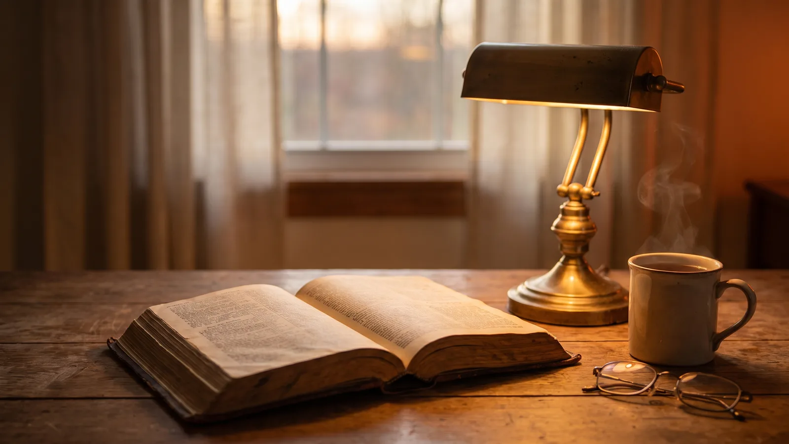 An open Bible on a wooden table beside a warm reading lamp and a cup of tea